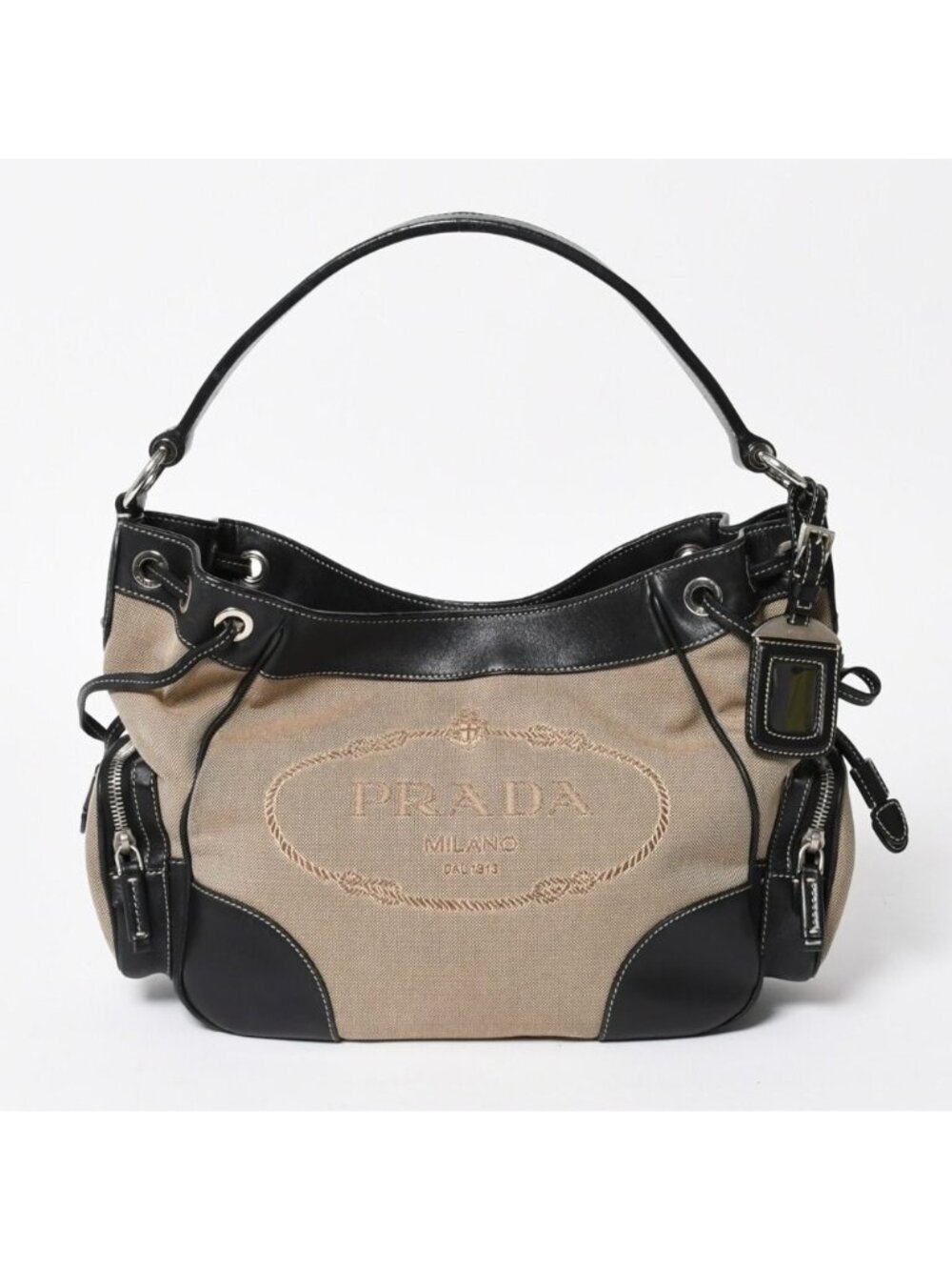 Prada Handbag Bag Logo Jacquard Leather Black Beige Silver
